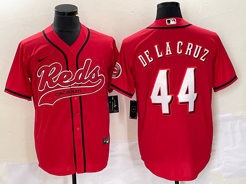 Men's Cincinnati Reds #44 Elly De La Cruz Red Cool Base Stitched Baseball Jersey Men's Cincinnati Reds #44 Elly De La Cruz Red Cool Base Stitched Baseball Jersey